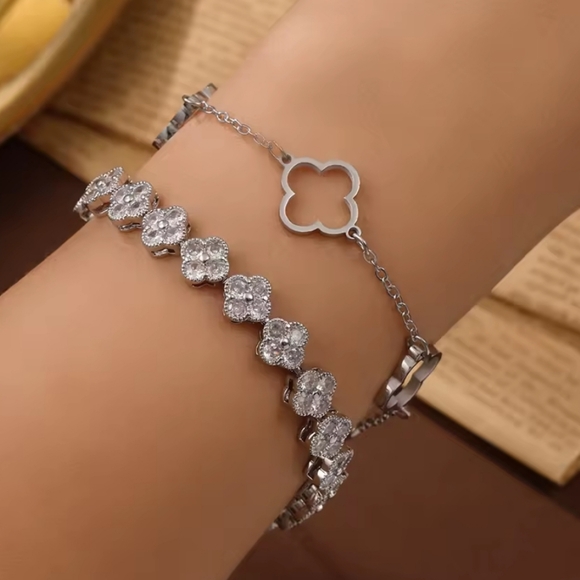 Lucky Four-Leaf Clover Bracelet Zircon & Stainless steel - Picture 1 of 1